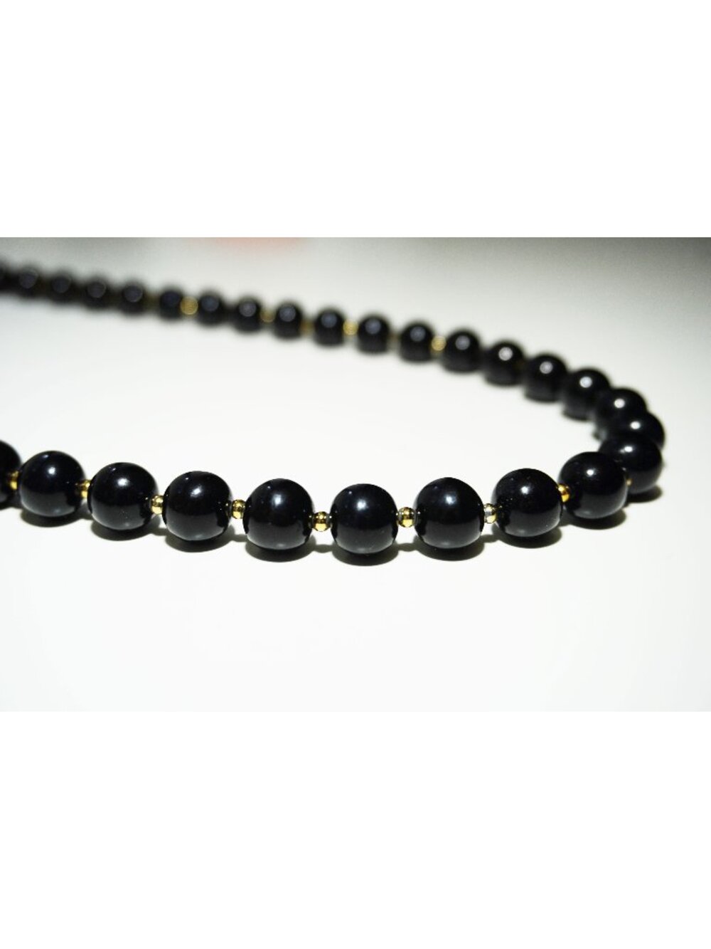 Vintage Korean Black Glass Bead 14k Gold Plated Spacers 31" Necklace